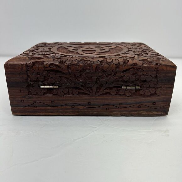Triquetra Celtic Floral Hand Carved Wooden Trinket Keepsake Box Gemstones - Picture 5 of 16